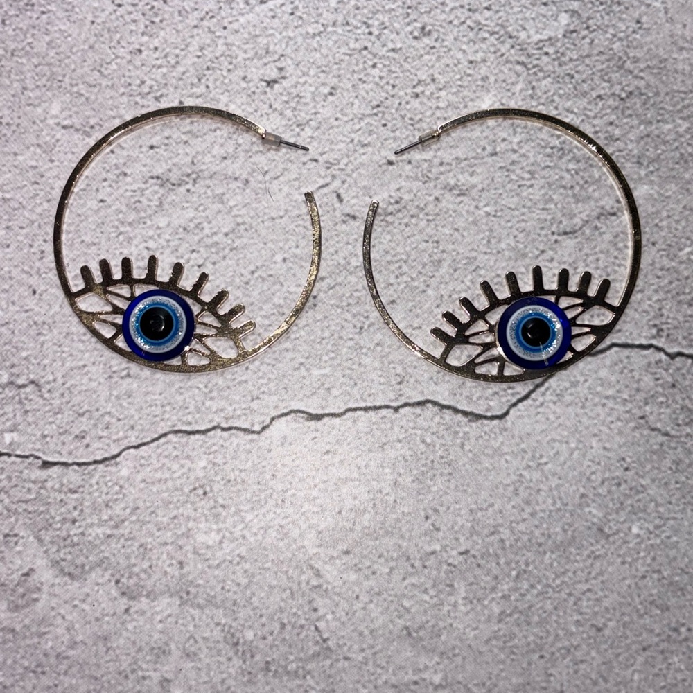 Gold Evil Eye Hoop Earrings - Picture 5 of 8